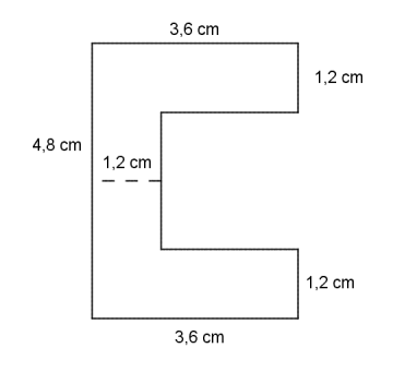 Figuren kan bygges opp av 3 rektangler, hvorav 2 av dem er like med sider 3,6 cm og 1,2 cm. Det siste rektanglet har også en side på 1,2 cm, men den andre siden i dette rektanglet er 4,8 cm-1,2 cm-1,2 cm.
